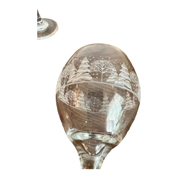 3 Hand Blown Glass Clear Goblet Wine Glasses Etched Winter Scene Snow Trees 7.5" - Picture 7 of 7